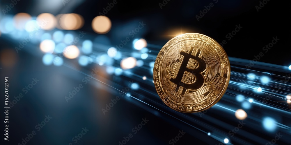 Poster golden bitcoin coin with glowing lines, representing cryptocurrency investment and digital transform