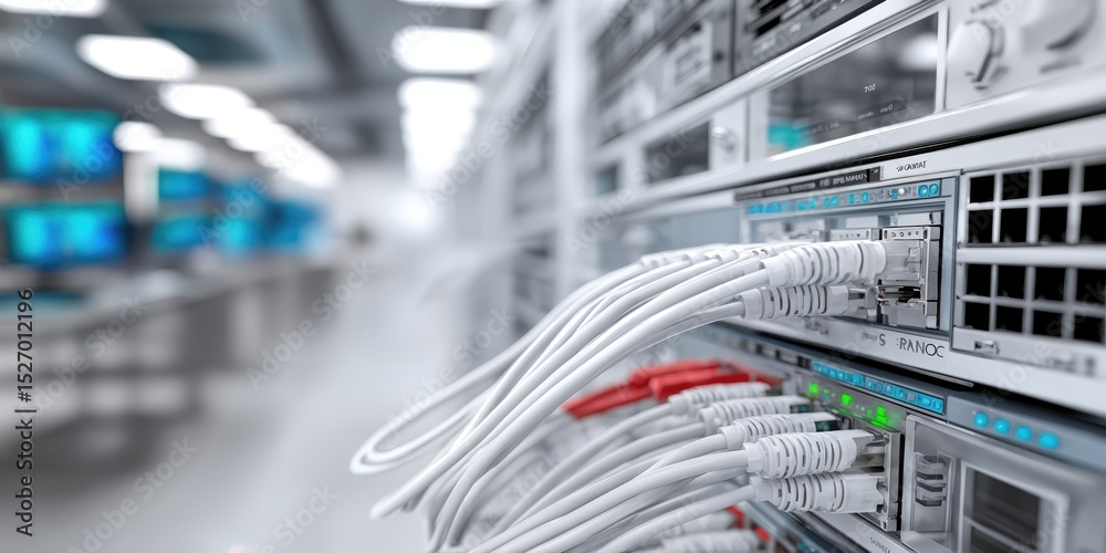 Aufkleber Data Center With White Cables Connected to Servers, Illustrating Connectivity and Network Infrastructure Management : Generative AI