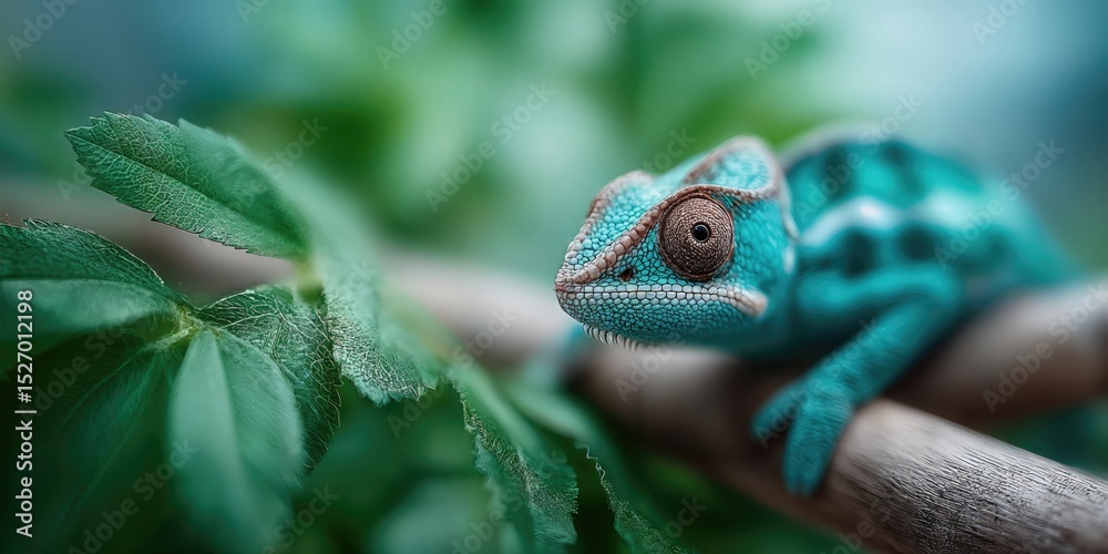 Poster close-up of a teal chameleon on a branch, symbolizing adaptability and environmental awareness for c