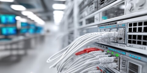 Data Center With White Cables Connected to Servers, Illustrating Connectivity and Network Infrastructure Management : Generative AI