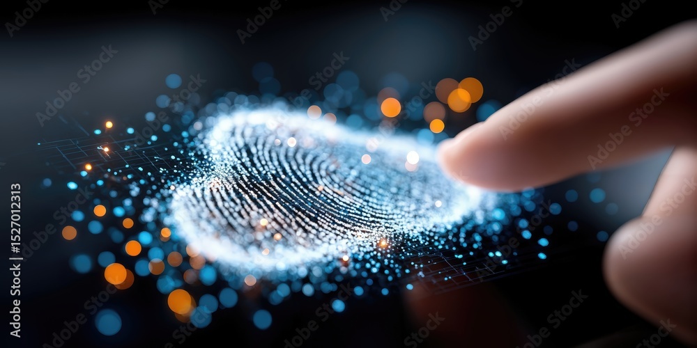 Fototapete Finger Touching Digital Fingerprint Scan on Screen, Representing Biometric Security and Identity Verification for Cybersecurity Solutions : Generative AI