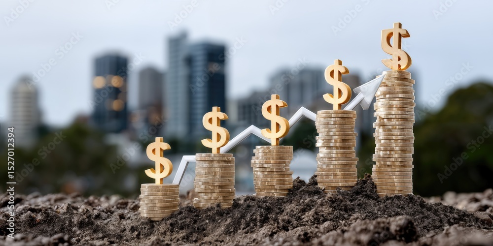 Poster stacks of coins and dollar symbols growing from soil, representing financial growth and investment s