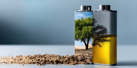 Batteries Reflecting Desert Oasis and Dying Tree, Symbolizing Renewable Energy and Environmental Sustainability for Green Initiatives and Corporate Responsibility : Generative AI