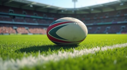 Rugby ball scored for a try on the goal line of a sunny stadium pitch.
