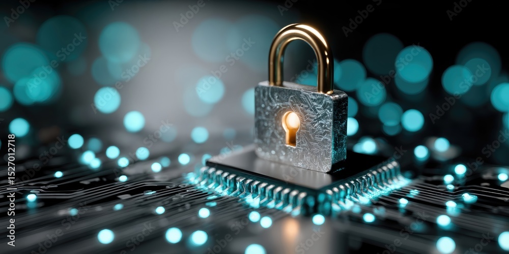 Fototapete Padlock on Microchip Board With Glowing Keyhole, Symbolizing Cybersecurity and Data Protection for Digital Transformation Strategies : Generative AI