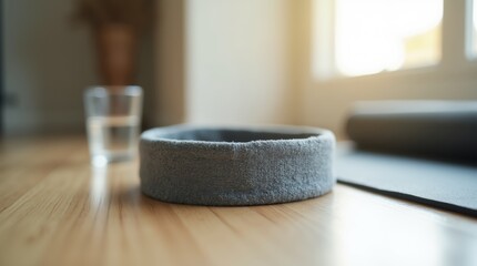 Obraz premium Gray athletic headband on a floor next to a yoga mat and water at home. 