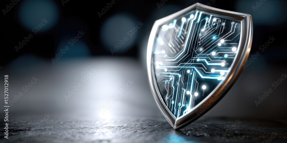 Poster Cybersecurity Shield With Glowing Circuit Board, Representing Data Protection and Digital Transformation in Modern Technology : Generative AI
