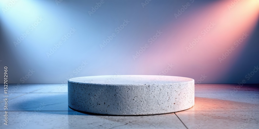 Poster minimalist concrete podium under soft lighting, ideal for product showcase and brand presentation, e