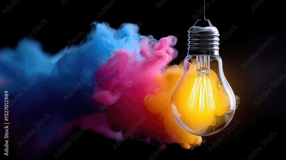 Poster glowing lightbulb surrounded by colorful ink clouds on black background, representing innovation and