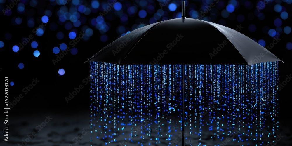 Poster Umbrella Protecting From Falling Binary Code, Representing Cybersecurity and Data Protection in the Digital Age, a Metaphor for Online Safety and Privacy : Generative AI
