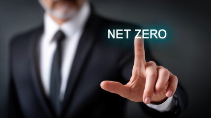 Businessman Touching Net Zero Button on Virtual Interface, Representing Carbon Neutrality and Environmental Sustainability Goals : Generative AI