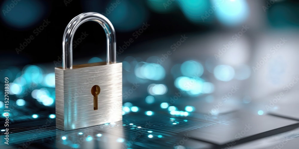 Poster metal padlock on circuit board with blue lights, representing data protection and cybersecurity solu