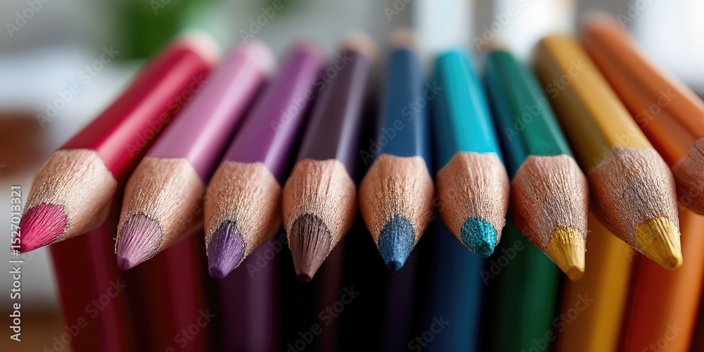 Poster close-up of colorful pencils in a row, representing creativity, education, and artistic expression f