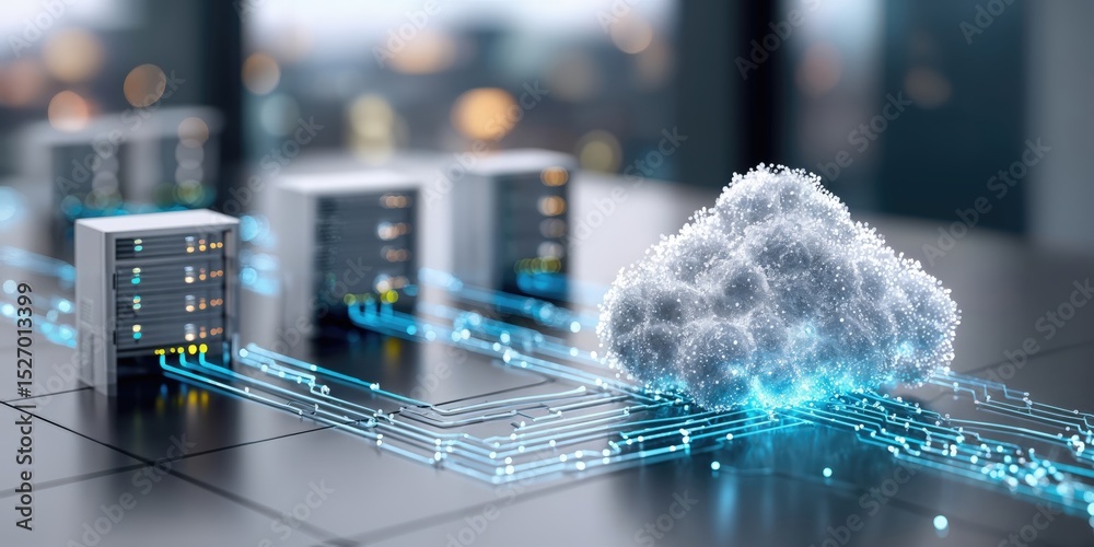 Aufkleber Cloud Computing Network With Servers and Glowing Connections, Emphasizing Digital Transformation and Technological Advancement for Business Solutions : Generative AI