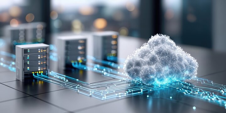 Cloud Computing Network With Servers and Glowing Connections, Emphasizing Digital Transformation and Technological Advancement for Business Solutions : Generative AI