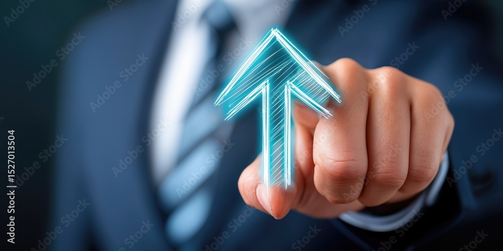 Poster hand pointing to luminous arrow symbol, representing growth and career advancement in business strat