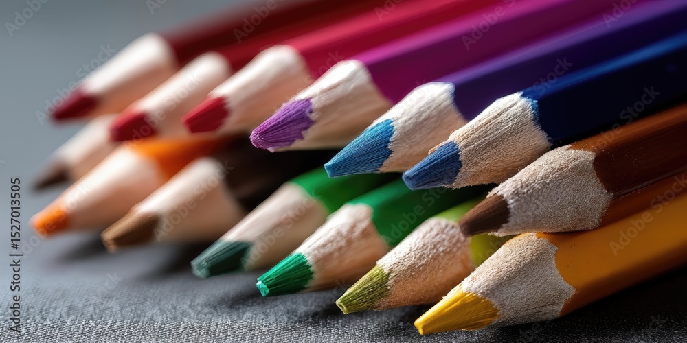 Aufkleber Close-Up of Colorful Pencils Arranged in a Row, Symbolizing Creativity and Artistic Expression for Education and Design Projects : Generative AI