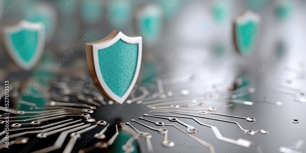 Aufkleber Turquoise Shield Floating Above Circuit Board, Symbolizing Cyber Security and Data Protection for Digital Transformation Initiatives : Generative AI