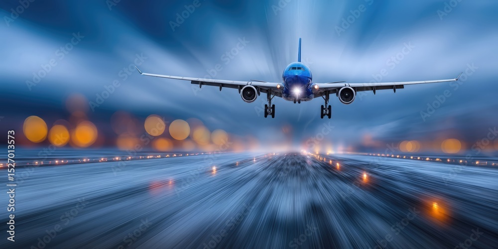 Poster airplane landing at night on runway with motion blur, showcasing travel and logistics efficiency in 