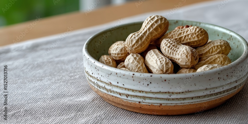 Poster Peanuts in a Ceramic Bowl on Linen Tablecloth, Symbolizing Healthy Snacking and Natural Food Choices for Nutrition and Diet : Generative AI