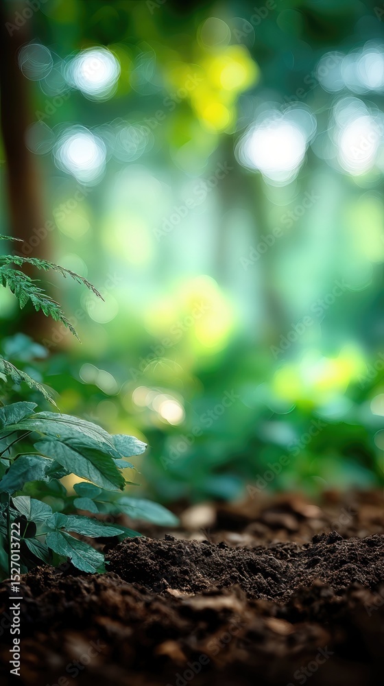 Poster close-up of soil and ferns in a forest, representing environmental awareness and sustainable agricul