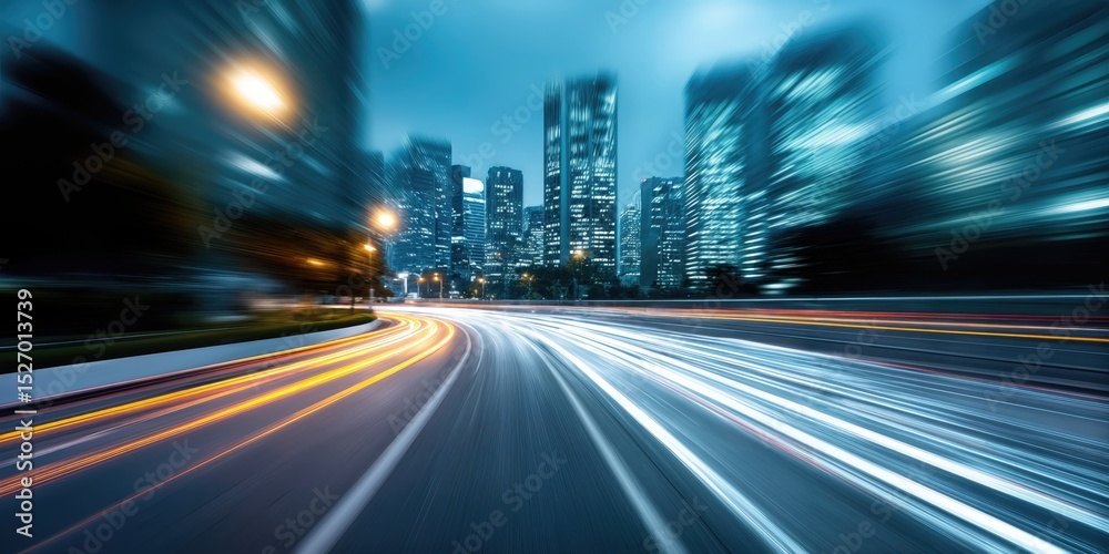 Poster cityscape at night with light trails, expressing urban dynamism and technological advancement for mo
