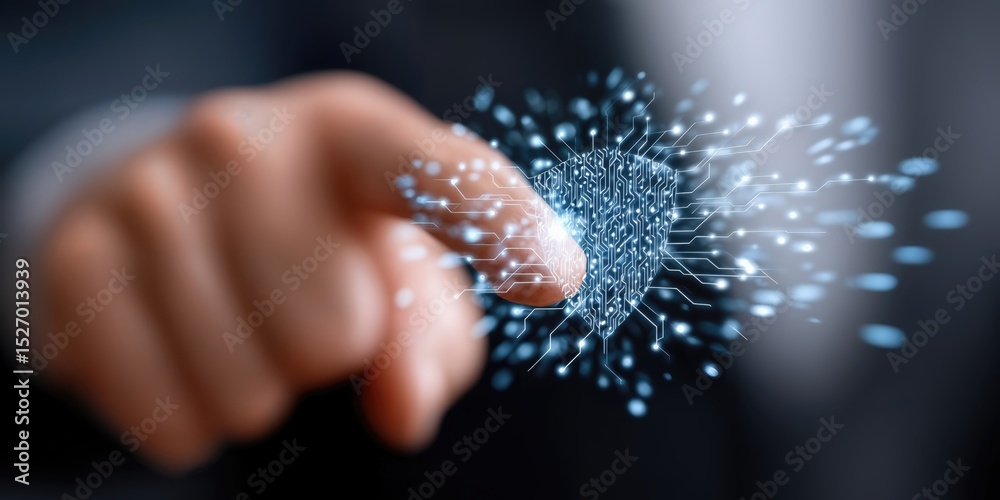 Poster finger touching glowing circuit board, illustrating digital transformation and technological advance