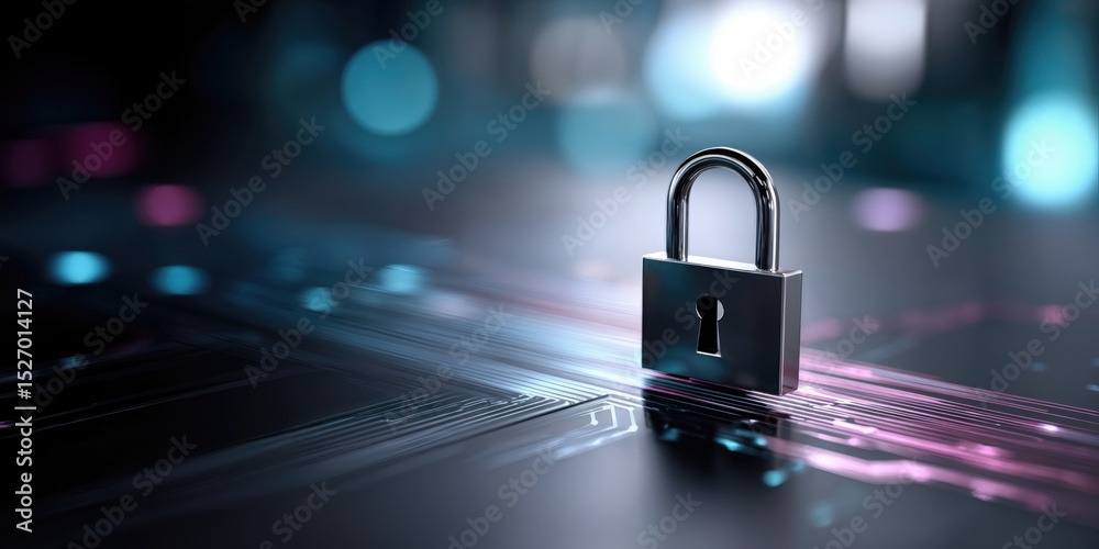Poster Padlock on Circuit Board With Glowing Lights, Illustrating Cybersecurity and Data Protection for Business Continuity and Digital Transformation : Generative AI