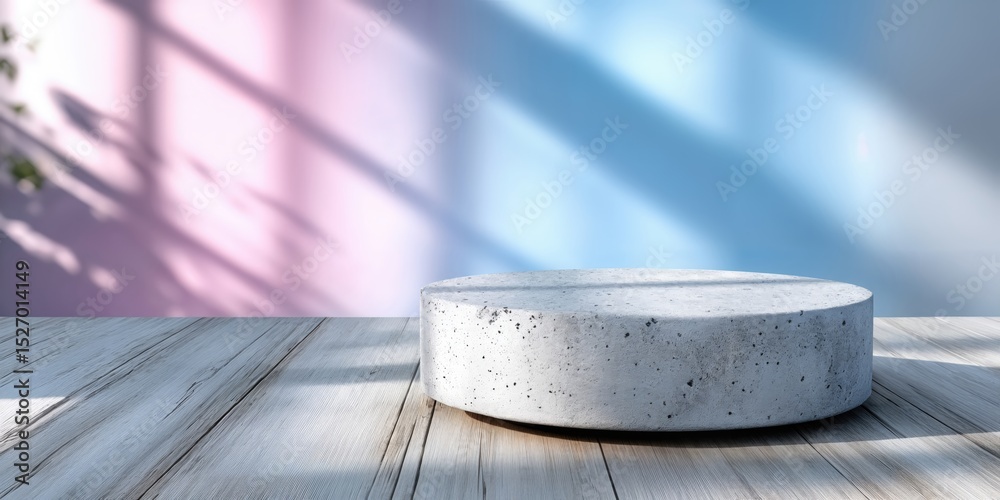 Poster minimalist concrete pedestal on wood planks with pastel shadow play, ideal for product showcase and 