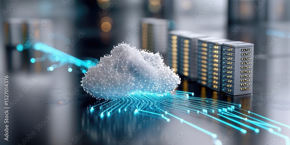 Poster Digital Cloud Connected To Servers With Glowing Data Streams, Illustrating Connectivity and Modern Technology Solutions for Business and Data Management : Generative AI