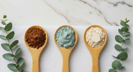 Three wooden spoons filled with different colored face masks sit on a white towel with eucalyptus leaves