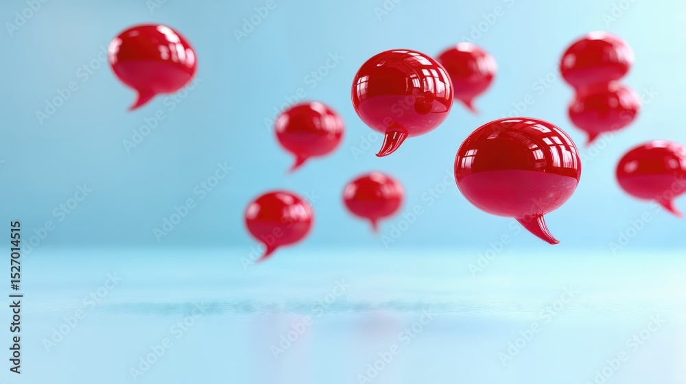 Poster floating red speech bubbles on blue, symbolizing communication and social media engagement, ideal fo