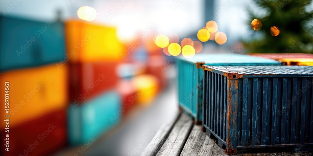 Poster shipping containers stacked at port with bokeh lights, illustrating global trade and supply chain ma