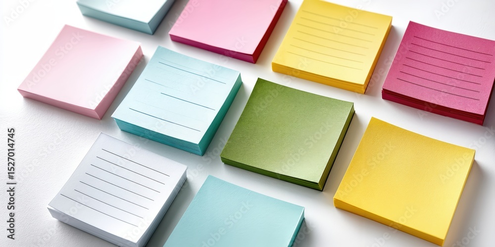 Poster colorful stacks of sticky notes on white surface, representing organization and brainstorming for bu