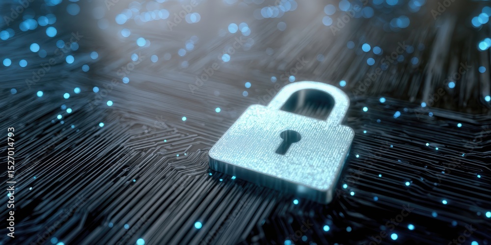 Aufkleber Glowing Padlock on Circuit Board With Bokeh Lights, Symbolizing Cybersecurity and Data Protection for Digital Transformation Initiatives : Generative AI