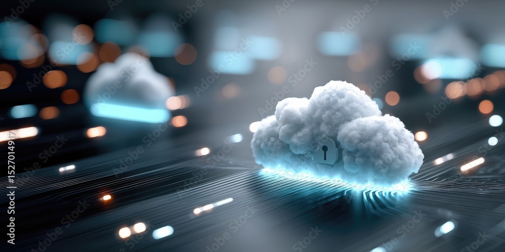Fototapete Cloud Computing Security Concept With Padlock Symbolizing Data Protection and Cybersecurity, Ideal for Technology and Digital Transformation Presentations : Generative AI