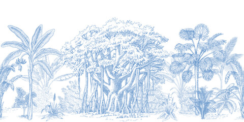 Blue toile tropical vintage botanical palm trees, banana tree, plants, banyan tree seamless border white background. Graphic jungle mural.