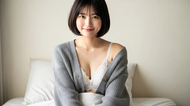 白い下着とカーディガンで穏やかに微笑む日本人女性のポートレート