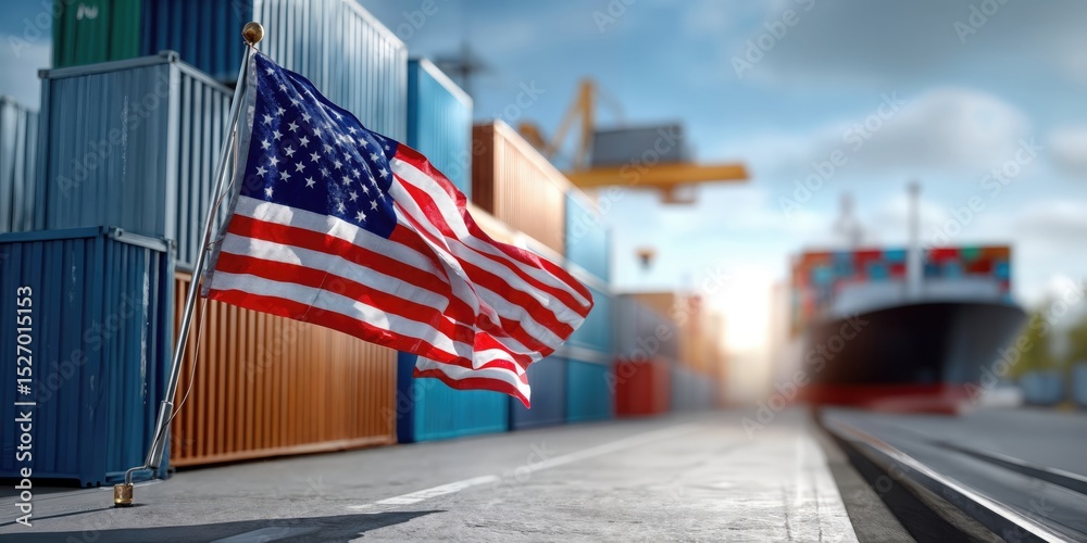 Poster american flag waving at shipping port with cargo containers, illustrating global trade and logistics