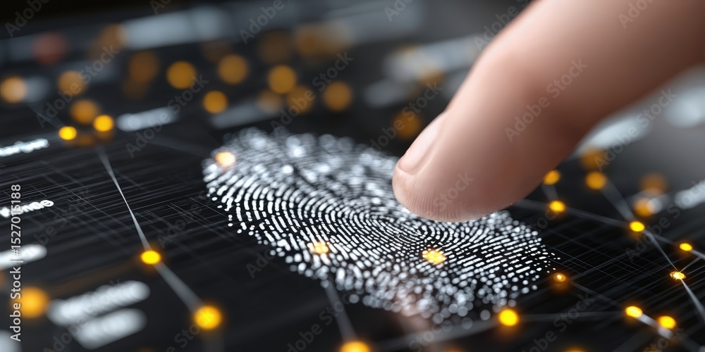 Fototapete Finger Touching Digital Fingerprint Scan on Futuristic Interface, Representing Cybersecurity and Biometric Authentication for Secure Access Control : Generative AI
