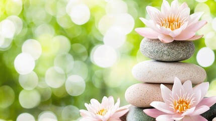 Peaceful stones and lotus flowers in a tranquil setting.