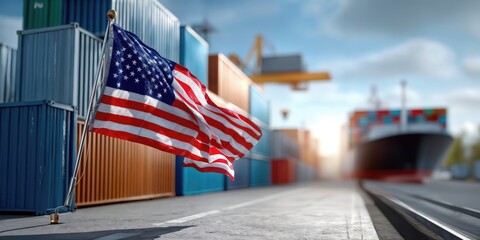 American Flag Waving at Shipping Port With Cargo Containers, Illustrating Global Trade and Logistics Management for Supply Chain Solutions and Import Export : Generative AI