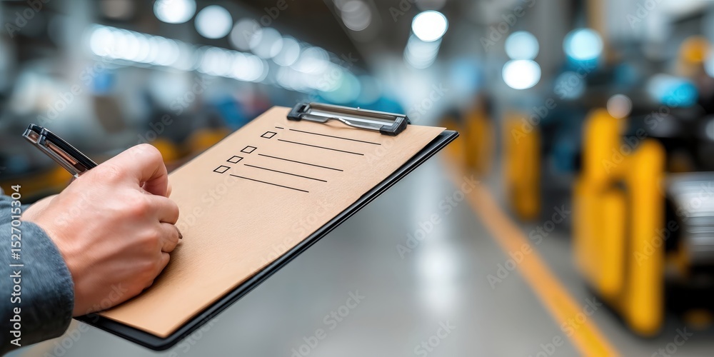 Poster hand filling out checklist on clipboard in factory, illustrating quality control and manufacturing p