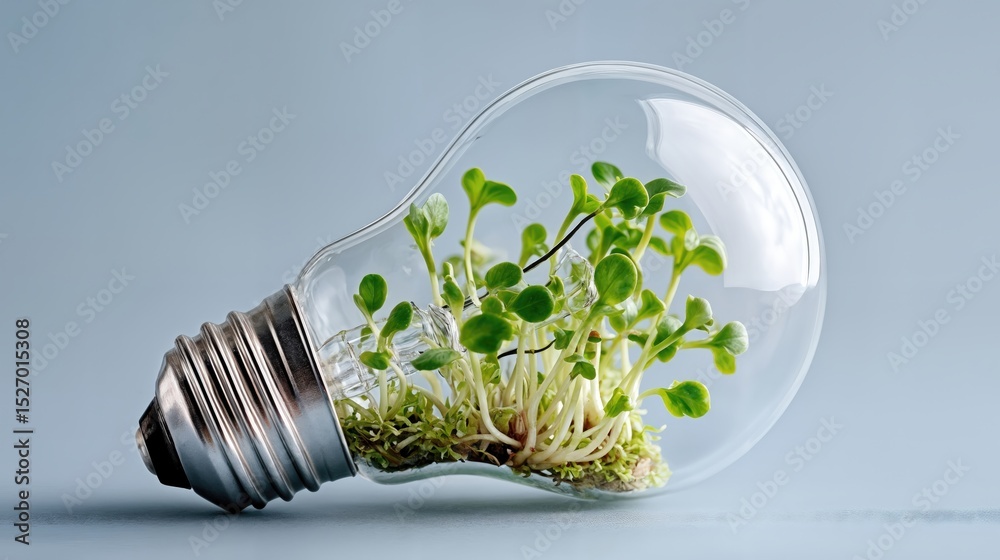 Poster sprouts growing inside light bulb on blue background, symbolizing innovation and sustainable busines