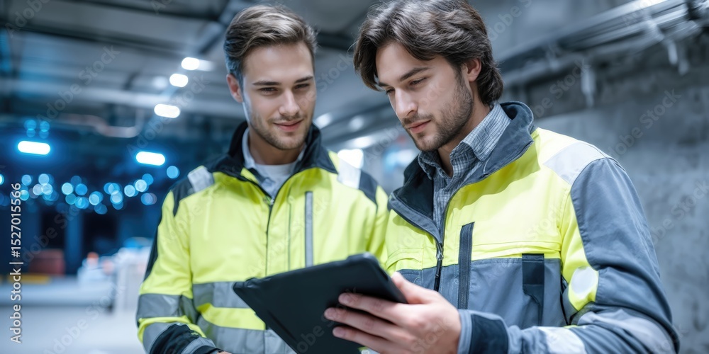 Poster Construction Engineers Reviewing Plans on a Tablet in a Modern Factory, Representing Collaboration and Digital Transformation in Infrastructure Projects : Generative AI