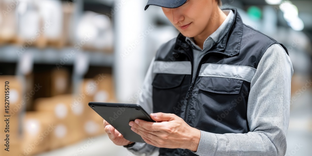 Aufkleber Warehouse Worker Using Tablet for Inventory Management, Representing Supply Chain Efficiency and Digital Transformation in Logistics Operations : Generative AI