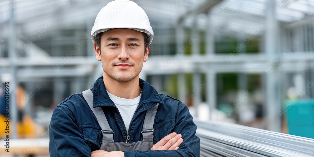 Poster Confident Construction Worker in Hard Hat With Arms Crossed, Representing Skilled Labor and Infrastructure Development Projects : Generative AI