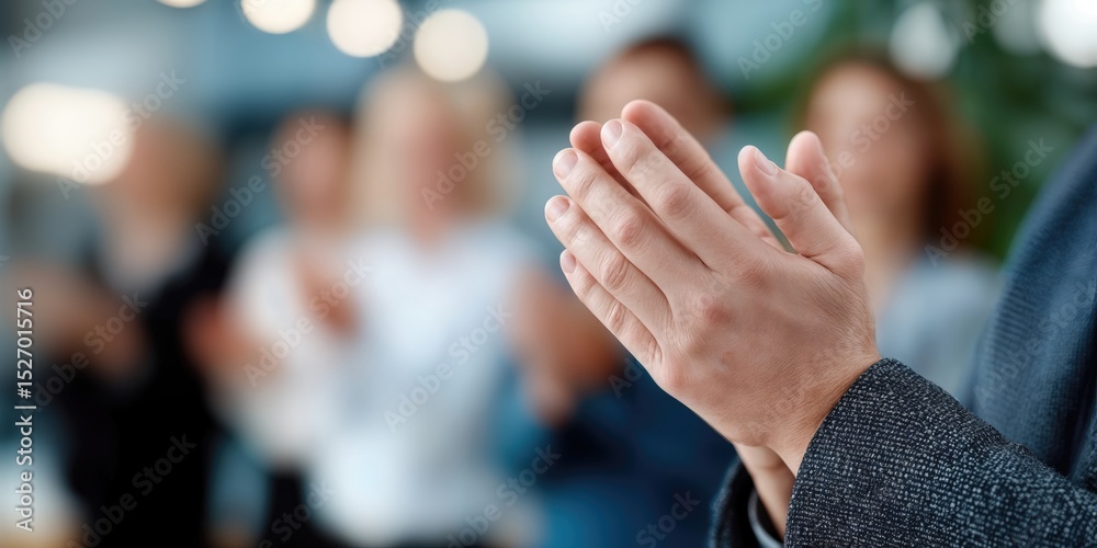 Poster Close-Up of Hands Clapping at a Conference, Symbolizing Recognition and Teamwork in Corporate Achievement, with Audience in Background : Generative AI
