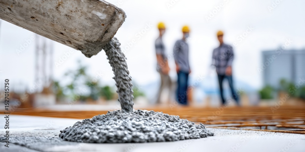 Poster fresh concrete being poured on construction site by workers, showcasing progress and infrastructure 