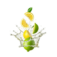 Falling whole and sliced lemon and lime fruits with healthy clear water splash and drops on transparent background.